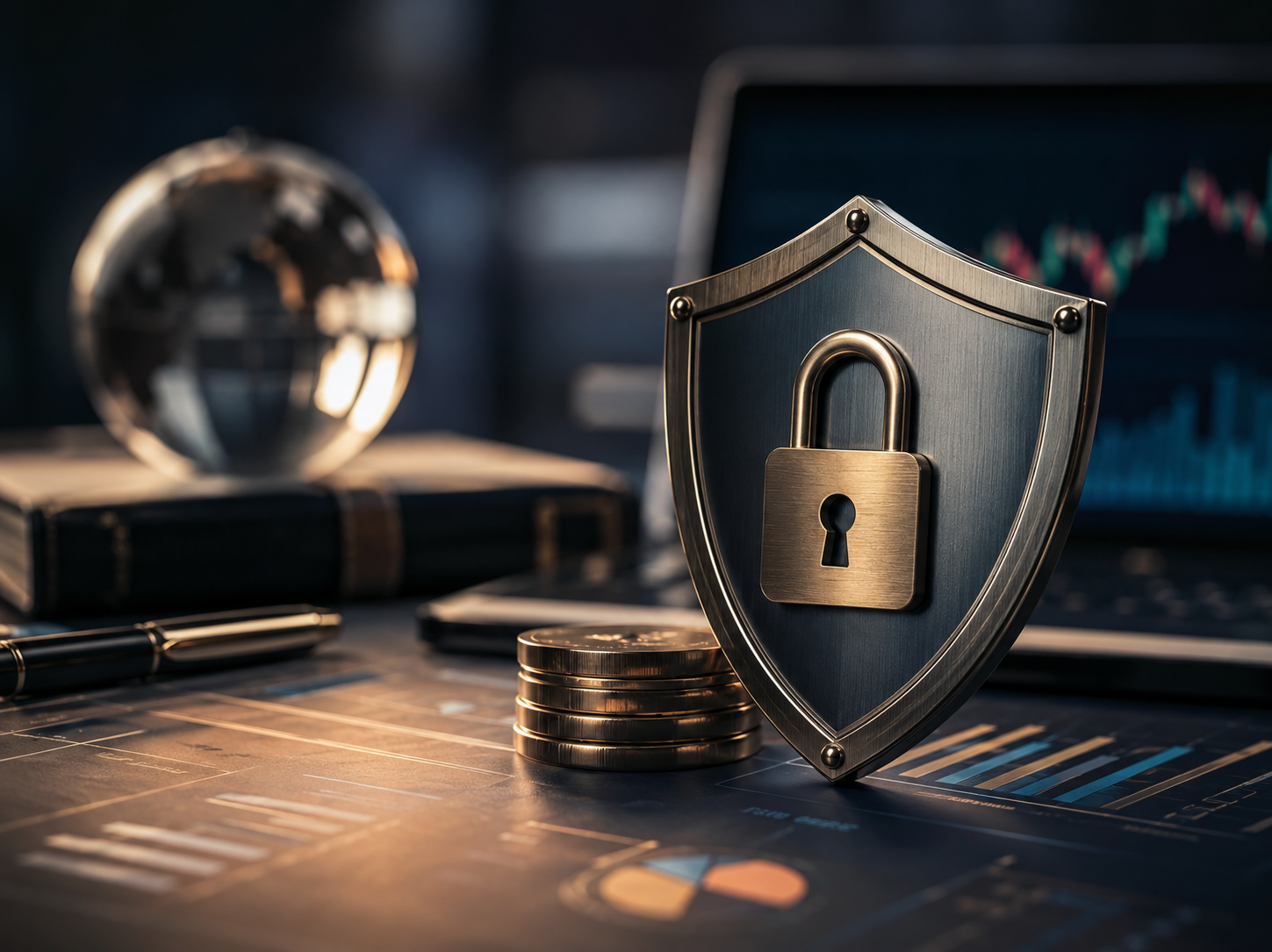 Geopolitical-risk model: globe, security shield and market charts